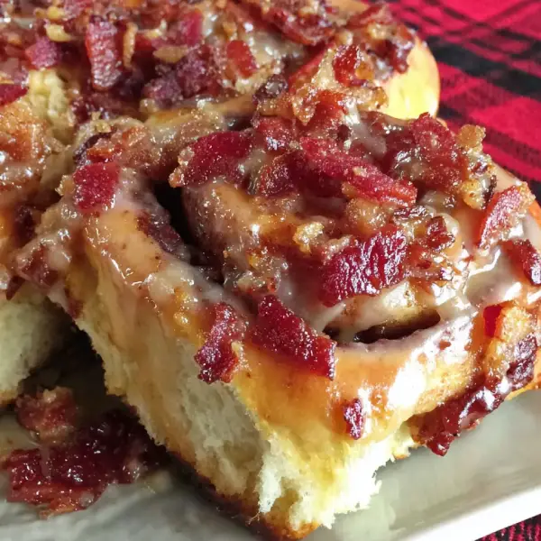 Cinnamon Rolls with Candied Bacon & Maple Glaze