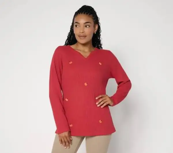 Denim & Co. Embroidered Waffle Knit Split Neck Long Sleeve Top