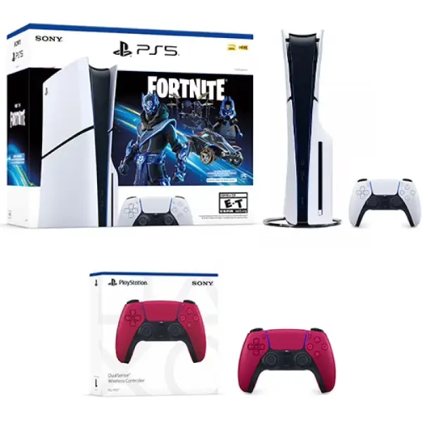PS5 Slim Disc Console with Fortnite Accs. Pack and 2 controllers